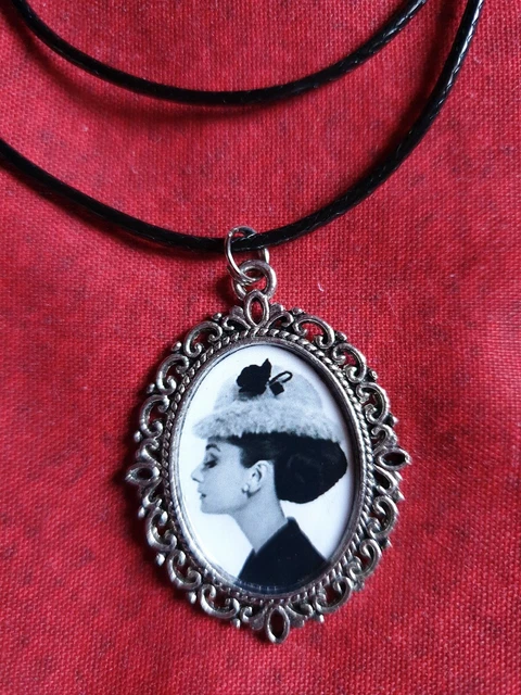 Audrey Hepburn Pendant Necklace. Black Braided Cord. 18".