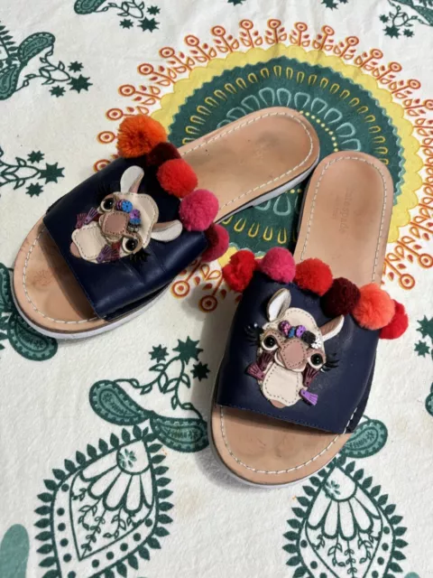 Kate Spade New York Camel Idelphia Sz 7 1/2 Blue Leather Pom Pom Slides Sandals