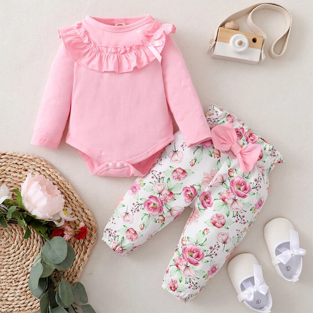 Newborn Baby Girls Clothes Ruffle Romper Bodysuit Tops Floral Pants Outfit Set 4