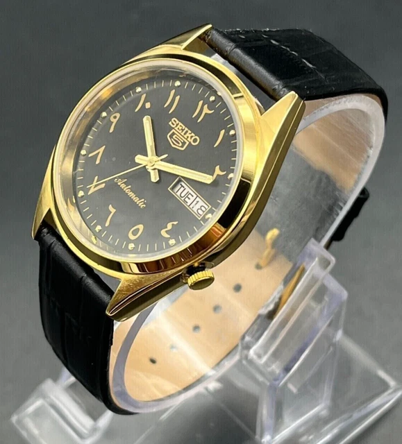 SEIKO 5 MEN'S Automatic Wrist Watch Arabic Dial Gold Plated Day Date