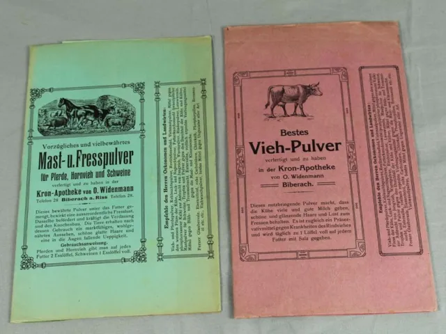 2x alte Reklame Vieh-Pulver / Mastpulver Kron Apotheke Biberach/Riss ~ 1900 /322