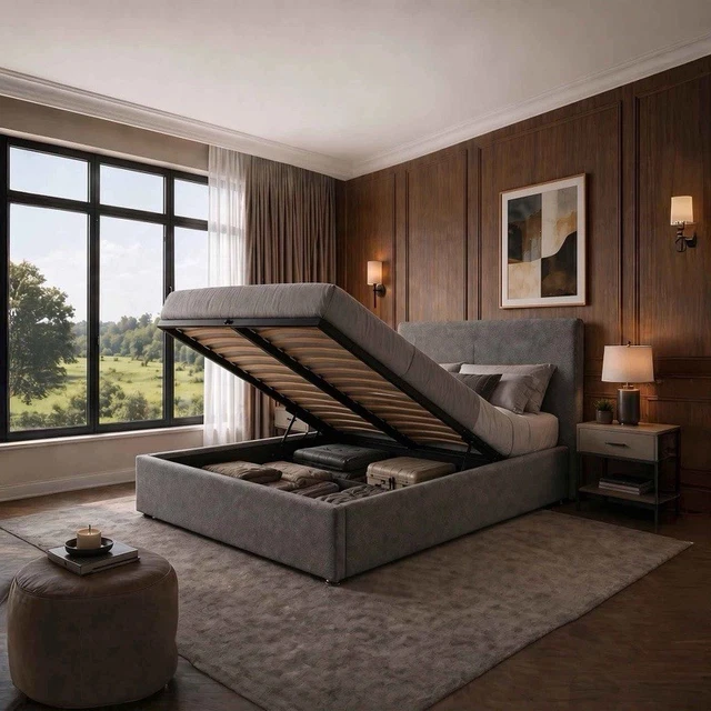 GREY FABRIC SINGLE Ottoman Storage Bed Frame Lift-Up Base £323.92 ...