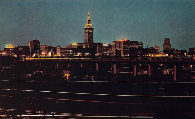 Cleveland OH Public Square Night View Skyline Downtown Ohio Vtg Postcard A6
