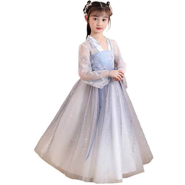 Ragazza Lucido Rete Hanfu Cinese Floreale Abito Ricamato Tradizionale Costume