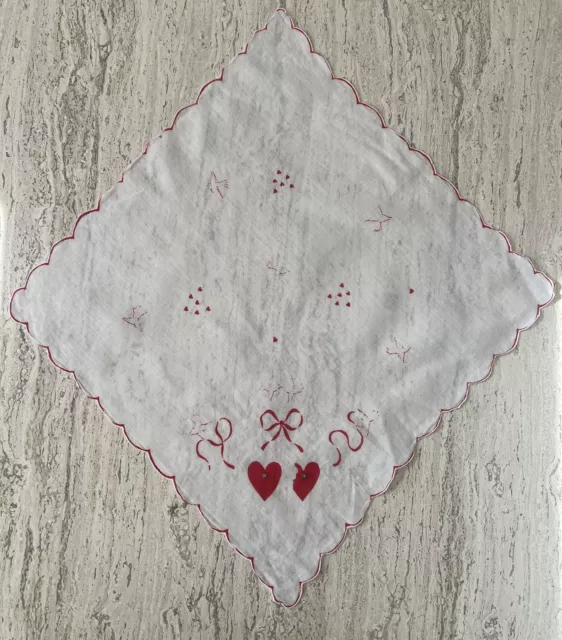 Vintage 14” Square Handkerchief Hanky Hankie Red Hearts Doves~Valentine's Day