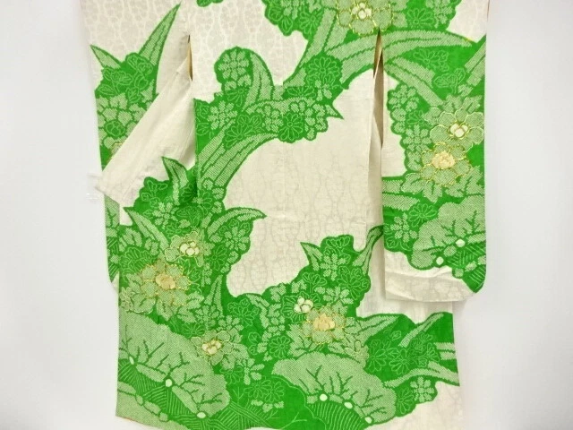 03242# Japanese Kimono / Antique Furisode / Embroidery / Shibori / Flower