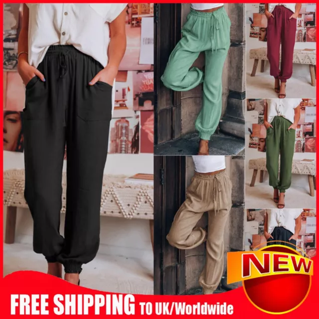 Summer Pants Solid Color Casual Style Ladies Baggy Pants Drawstring Daily Outfit