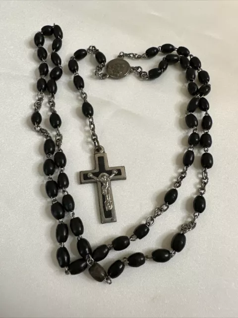 Vintage Black Wood Crucifix Cross Beads Silver Tone Rosary