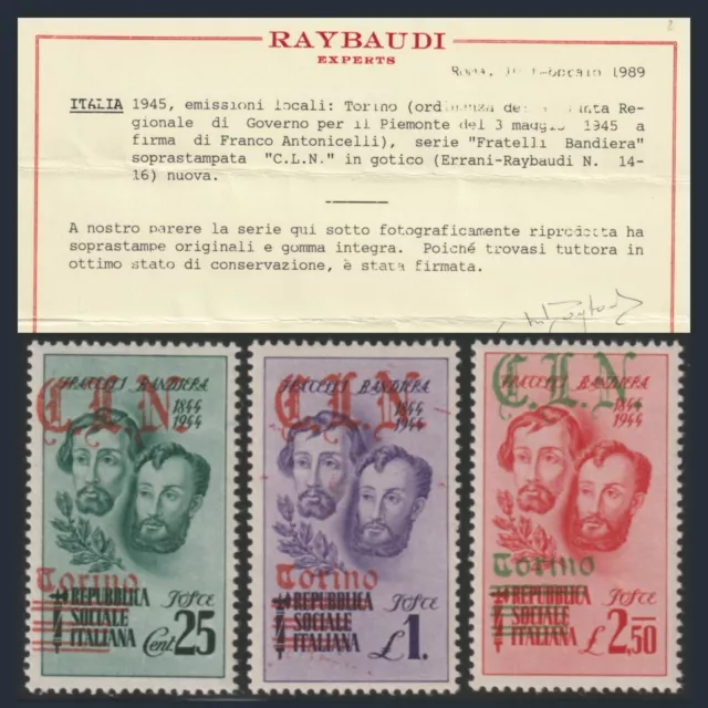 1945 CLN Torino Fratelli Bandiera soprastampati C.L.N. Certificato Raybaudi MNH