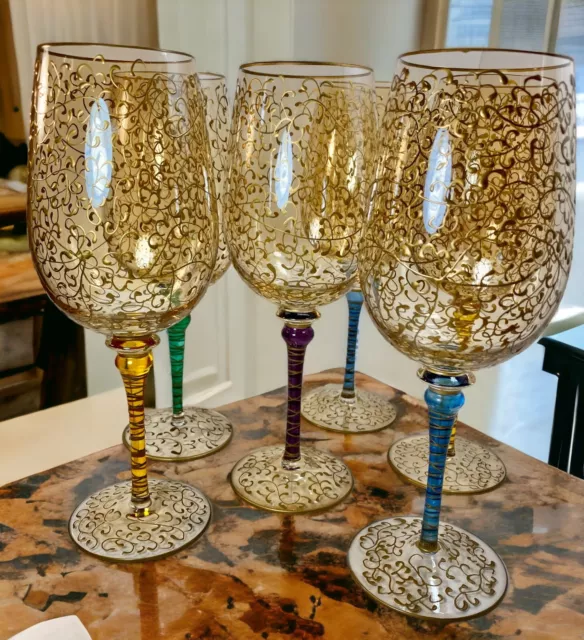 2 Pier 1 Amber Gold Luster Iridescent Champagne Flute Glasses