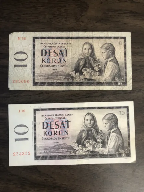 Czech Paper Money Two 1960 Notes One Crisp One Well-loved. Czech It Out!