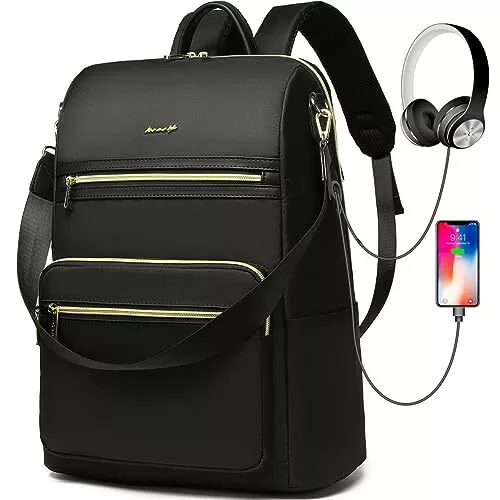 Laptop Backpack Women Travel Bag - 15.6 Inch Convertible Computer Black