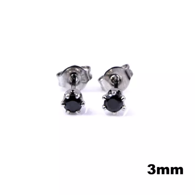 PAIRE BOUCLE D'OREILLE HOMME ADO ACIER RONDE CZ ZIRCON DIAMS NOIR PETITE 3mm K