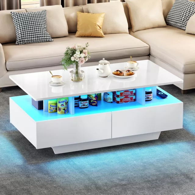 LED Coffee Table Wooden 4 Drawer Storage High Gloss Modern Living Room Furniture