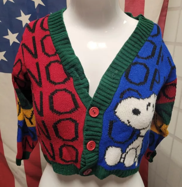 VTG Kids Youth Small Snoopy Allover Print Wild Knit Cardigan Sweater Peanuts JJ