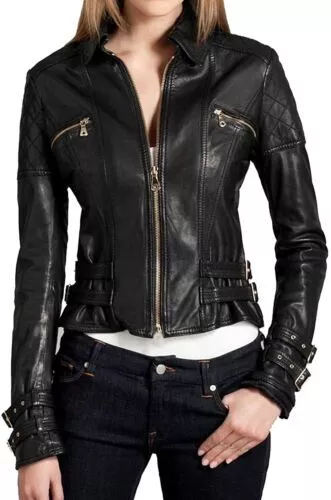 Sexy de Mujer Cuero Negro Chaqueta 100% Genuino Piel Cordero Rider Último Diseño