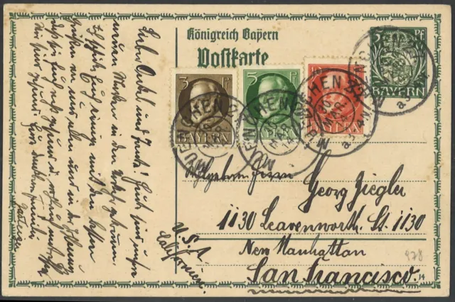 Altdeutschland Bayern 1914 FDC Postkarte P 93 + ZuF MiNr. 94, 95, 96 in die USA