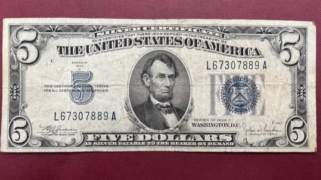 1934 C Five Dollar Silver Certificate $5 Bill Blue Seal Note Circulated #59006