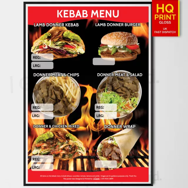 Kebab Fast Food Takeaway Menu Kebab MENU Board SIGN LAMB Kebab Meal A4 A3 A2 A1