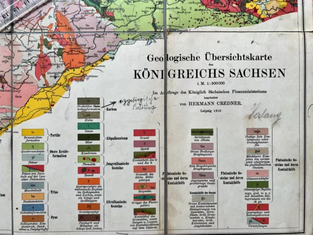 Landkarte Geolog. Übersichtskarte SACHSEN Maßstab 1 : 500000 um 1910 ( F23327