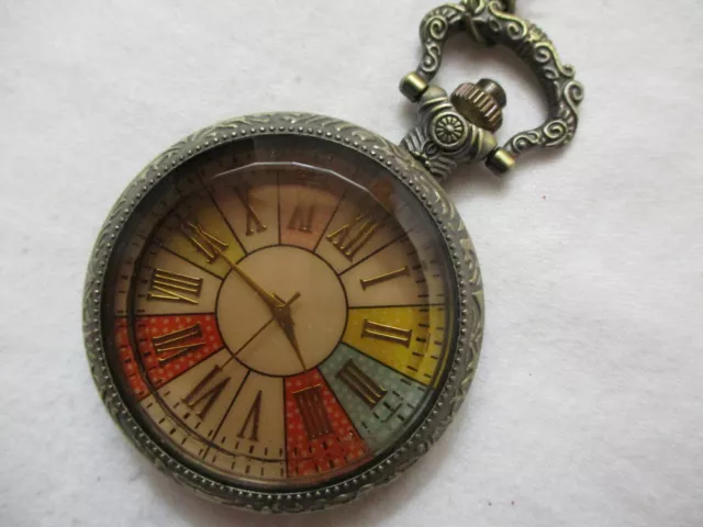 Pocket Watch Bronze Tone Round Face Colorful Roman Numerals