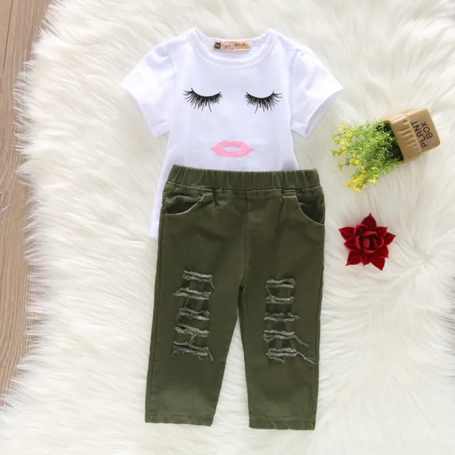 2PCS Toddler Baby Girl Outfits T-shirt Tops+ Hole Pants Kids Clothes Set 5