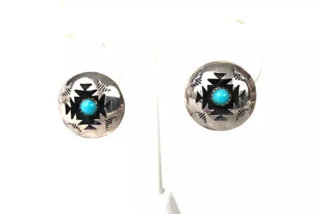 Navajo CP Shadowbox Turquoise Sterling Silver 925 Post Earrings Pre-Owned .75"
