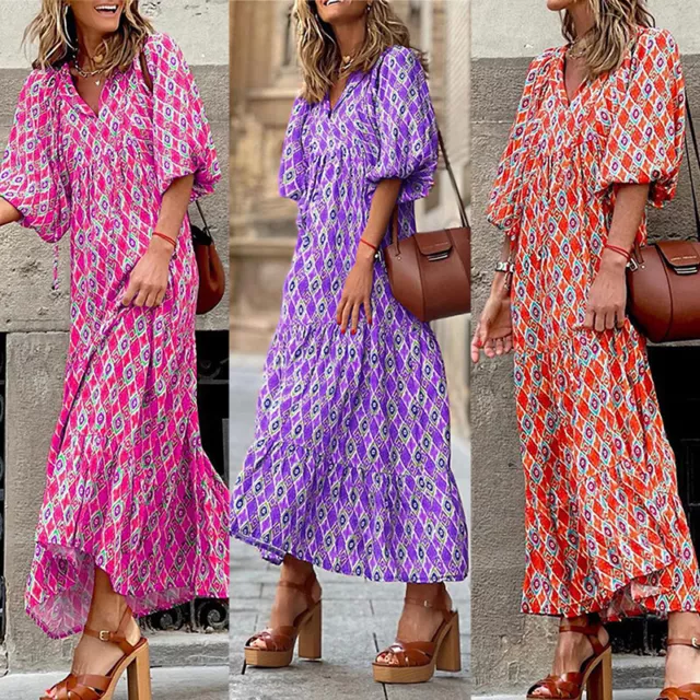 Abito Lungo Boho Floreale Con Scollo A V Femme Abito Estivo Con Maniche A ♪