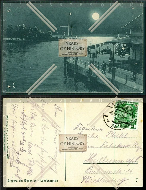 Orig. AK Bregenz am Bodensee Landungsplatz Mondschein Karte Boot Hafen gelaufen