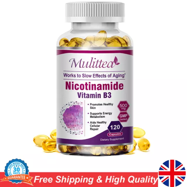 UK 120pc Nicotinamide 500mg Vitamin B3 Capsules Promotes Healthy Skin Supplement