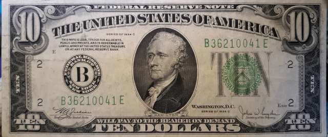 1934 C $10 Ten Dollar Federal Reserve Note-Nice Almost Un-Circulated Note!!!