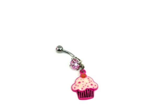 Pink Cupcake Dangle Belly Button Ring Navel Bar Surgical Steel 14g 316L