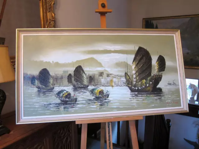 Large Original Oil on Canvas Painting Junk Boats in Hong Kong Harbour 130 x 68cm