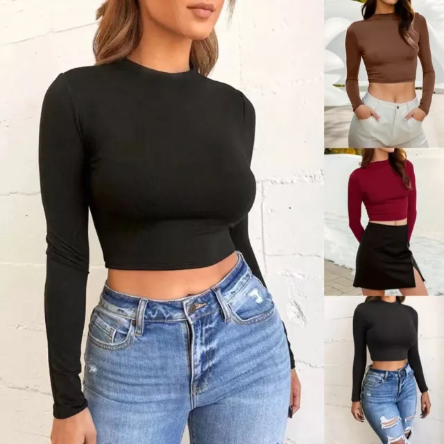 Sexy Damen Bauchfrei Crop Top Langarm T-Shirt Bluse Freizeithemd Slim Basic Tops