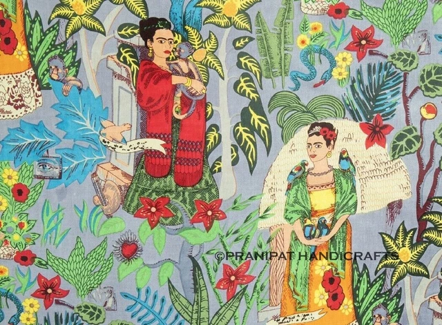 Indien Frida Kahlo Imprimé Coton Doux de Luxe Gris Robe Faisant Tissu Par Yard