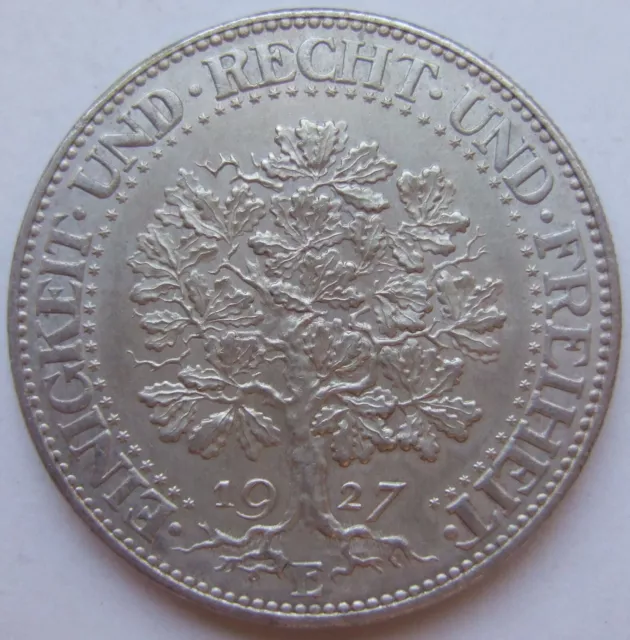 Weimar Republic 5 Reichsmark oak Tree 1927 E IN Extremely fine