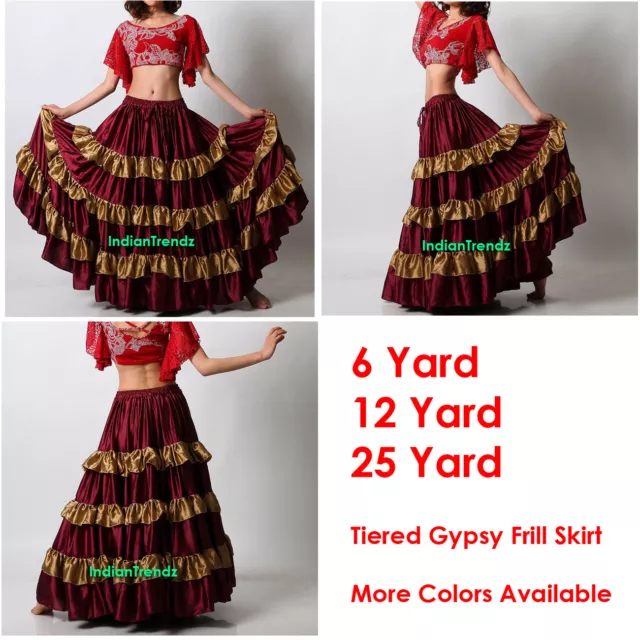 Maroon / Golden Satin 6/12/25 Yard Tiered Gypsy Frill Skirt Belly Dance Flamenco