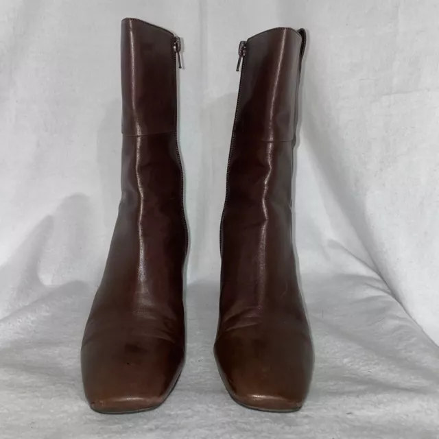 Nine West Womens Rich Brown Leather Boots Zip Mid Calf Square Toe Size 8.5M Nice