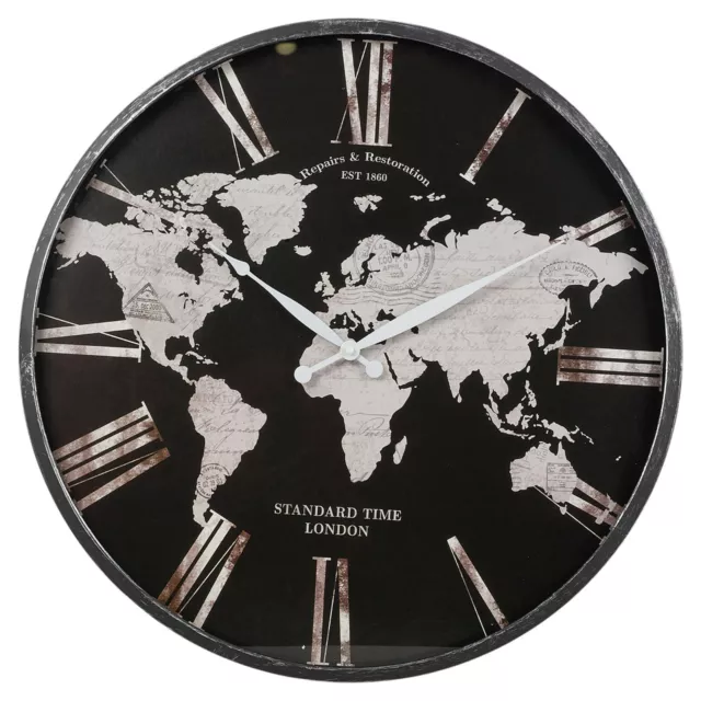 Large Wall Clock Black Metal Frame World Map Roman Numerals Vintage Design Home