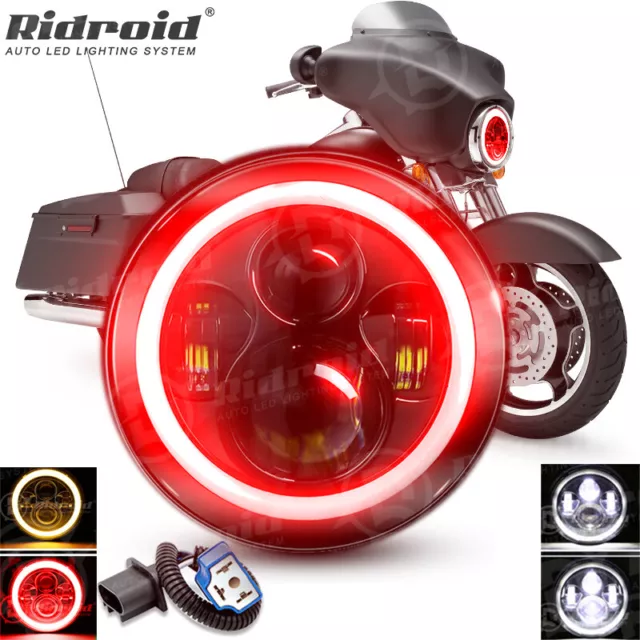 7" Inch LED Headlight w/ Red Halo Angel Eye DRL For Harley-Davidson Street Glide