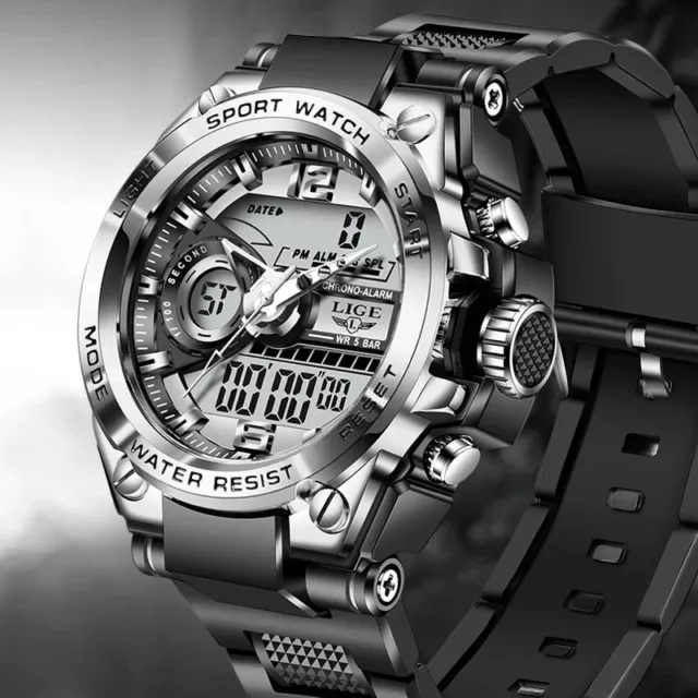 LIGE Digital Men Military Watch 50m Waterproof Wristwatch LED Sport for men