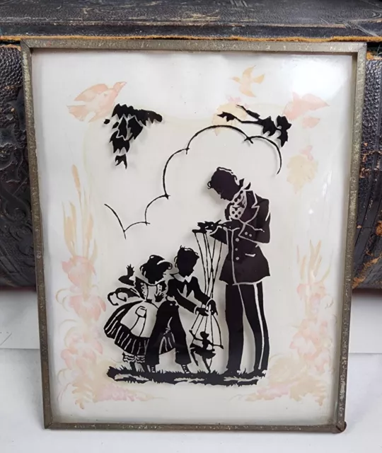 VTG Brass Framed Bubble Glass Reverse Painting Silhouette Victorian Kids Puppet