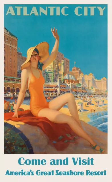 Atlantic City New Jersey America vintage seaside travel art poster