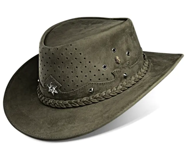 Chapeau de Cowboy Style Australien en Cuir Vert Foncé pour Homme et Femme...