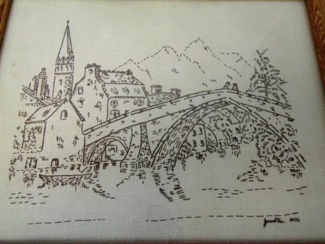 Antique 1935 Mountain Town Bridge Artist Signed Pictorial Framed Needlepoint Art 2