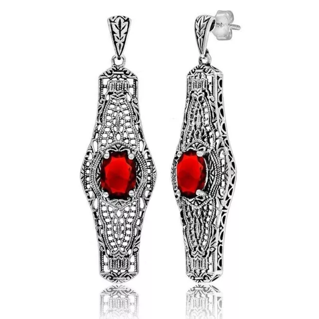 Natural  2CT Ruby 925 Solid Sterling Silver Victorian Style Earrings FB10