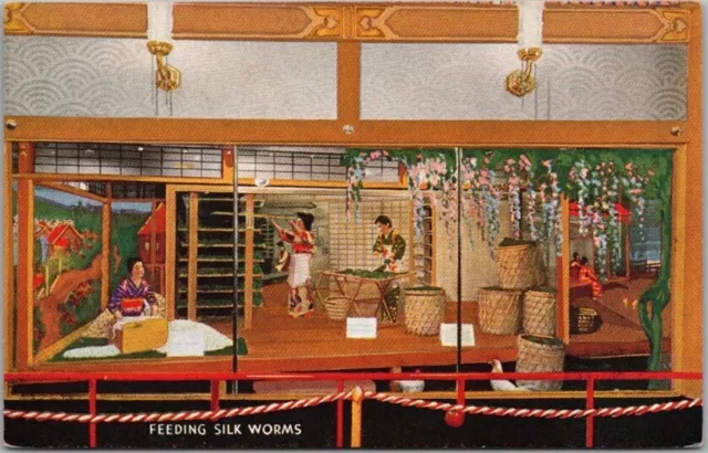 1933 Chicago World's Fair Postcard Japanese Pavilion "Feeding Silk Worms" Unused