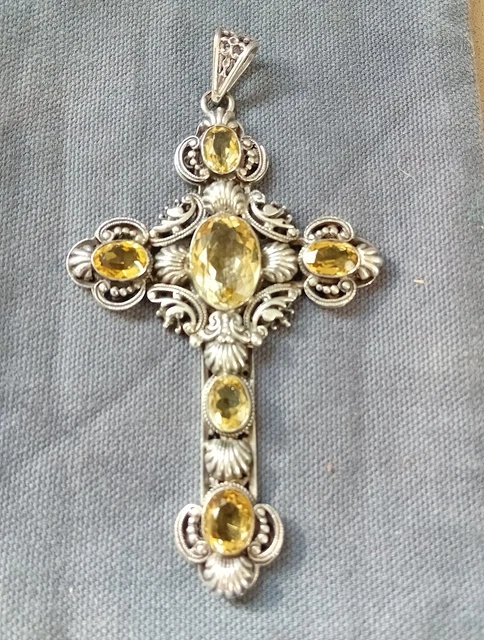 Pendentif Croix Agatha Vintage XXL - Style Byzantin - Métal Argenté 60x67mm - Occasion