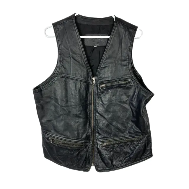 Vintage Leather Ranch Du Cuir Black Leather Zip Vest Mens Size 2 Medium Large