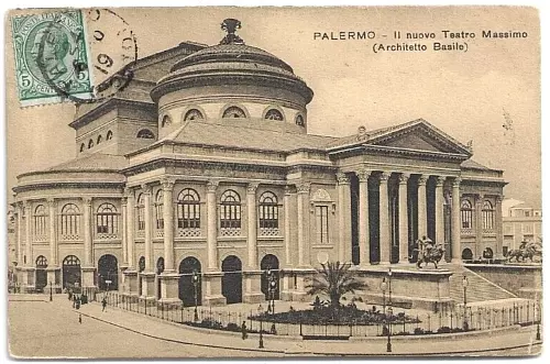 CARTOLINA DI PALERMO ,IL NUOVO TEATRO MASSIMO - ARCH.BASILE - viaggiata 1910